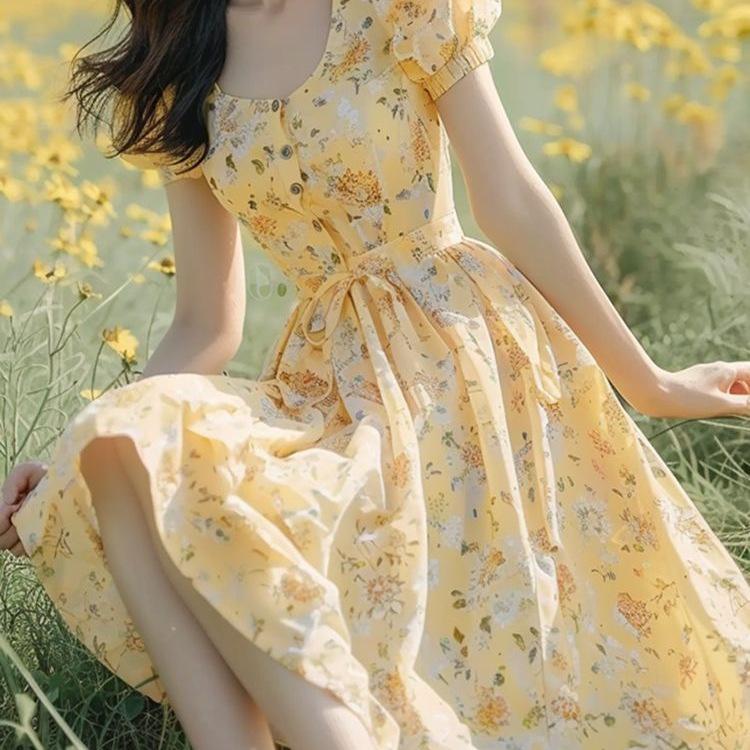 French-Inspired Yellow Floral Dress: Sweet, Fresh, Flirty Summer Style, Perfect for Dates, Age-Defying Women's Fashion.