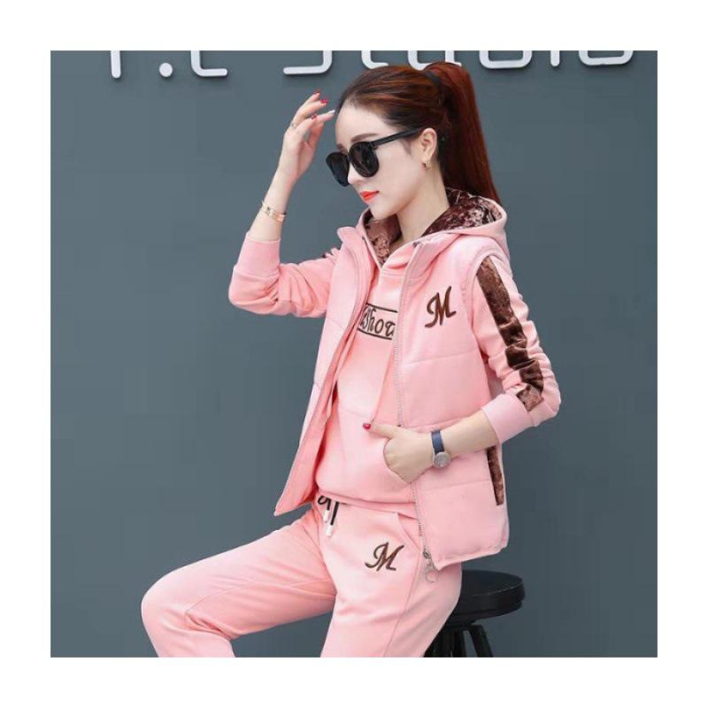 

Женская спортивная одежда из плюша и плотной ткани: Теплый костюм-тройка с капюшоном в корейском стиле, идеально подходящий для осени и зимы.