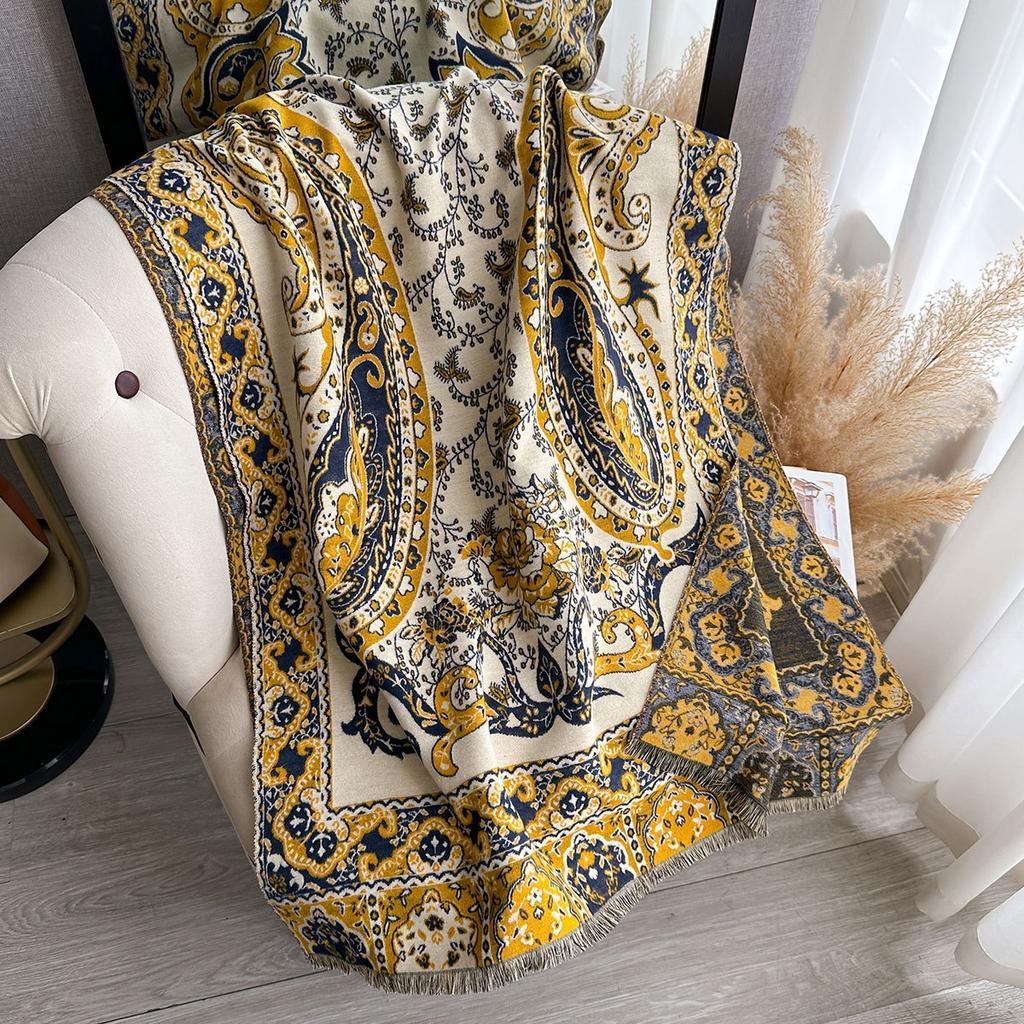 Tjock halsduk i imiterad kashmir för damer, vinter, dubbelsidig, kontrastfärg, jacquard, cashewmönster, retro etnisk stil sjal