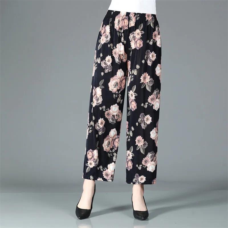 WTEMPO Summer Mom Elastic High Waist Casual Stretchy Cropped Pants Women Large Size Loose Printed Thin Trousers