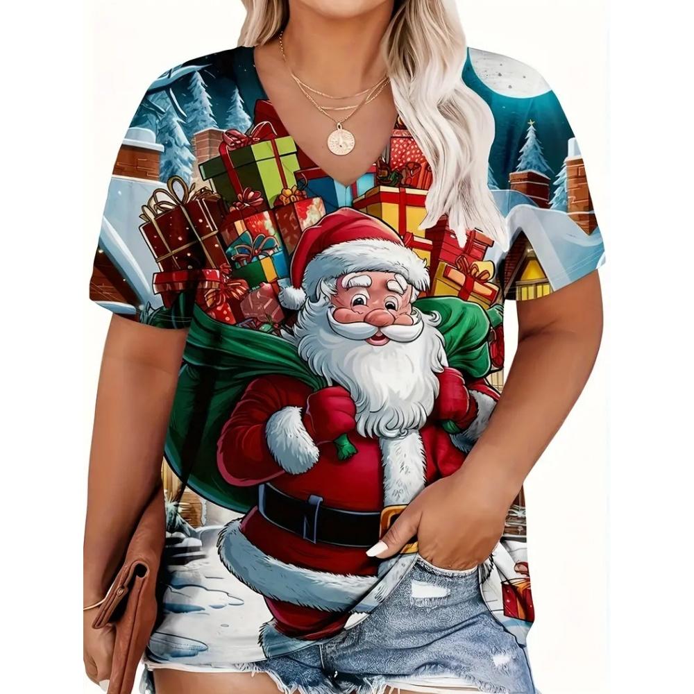 Fashion Red Christmas Day Women's Clothing Summer V-Neck Loose Short Sleeved Father Christmas T-Shirt Trend Hot Selling Styles