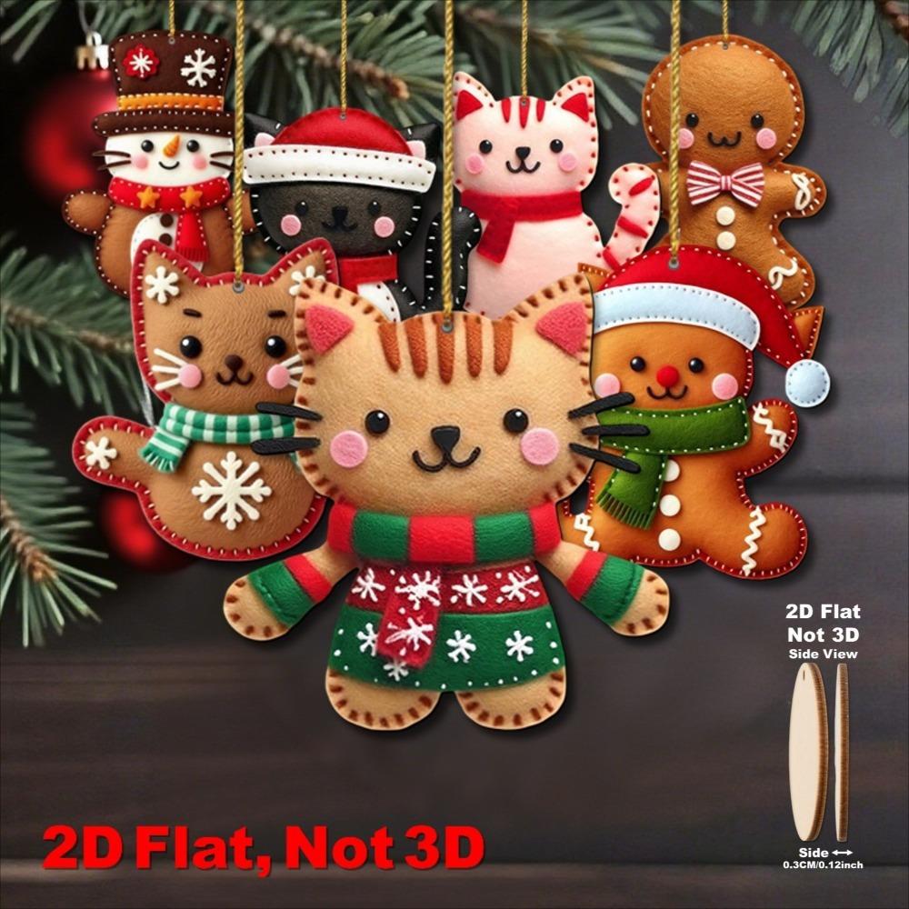 8pcs 2D Flat Gingerbread Cat Tree Toppers -Christmas Ornaments with Hanging Loop Artificial Wood Holiday Decoratio for Xmas Tree