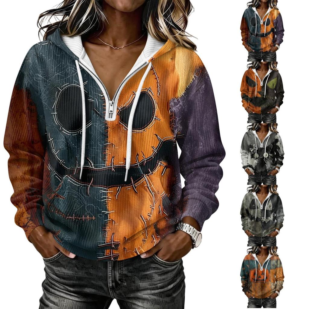 Women's Long Sleeve Halloween Print Pullover Hoodie Sweatshirt with
