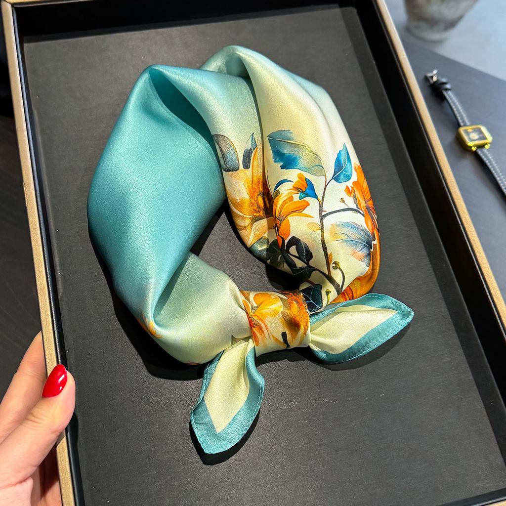 Luxury 100% Real Silk Scarf Women Gradient Floral Print Bandana Shawl Lady Neckerchief Handkerchief Female Decorative Wrap 53cm