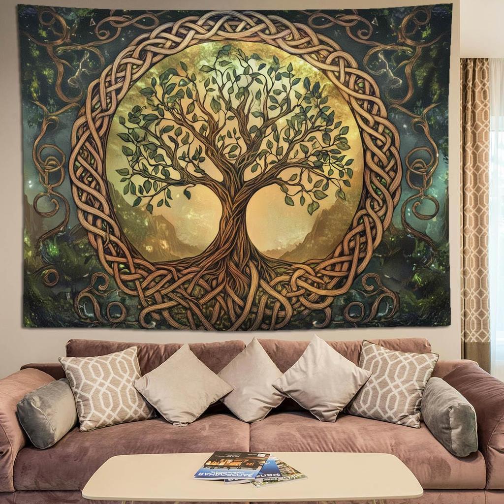 Japanese Tapestry Aesthetic Wall Decor Watercolor Ink Landscape with Red Plum Blossoms and Misty MountainsAsian Art Hanging for