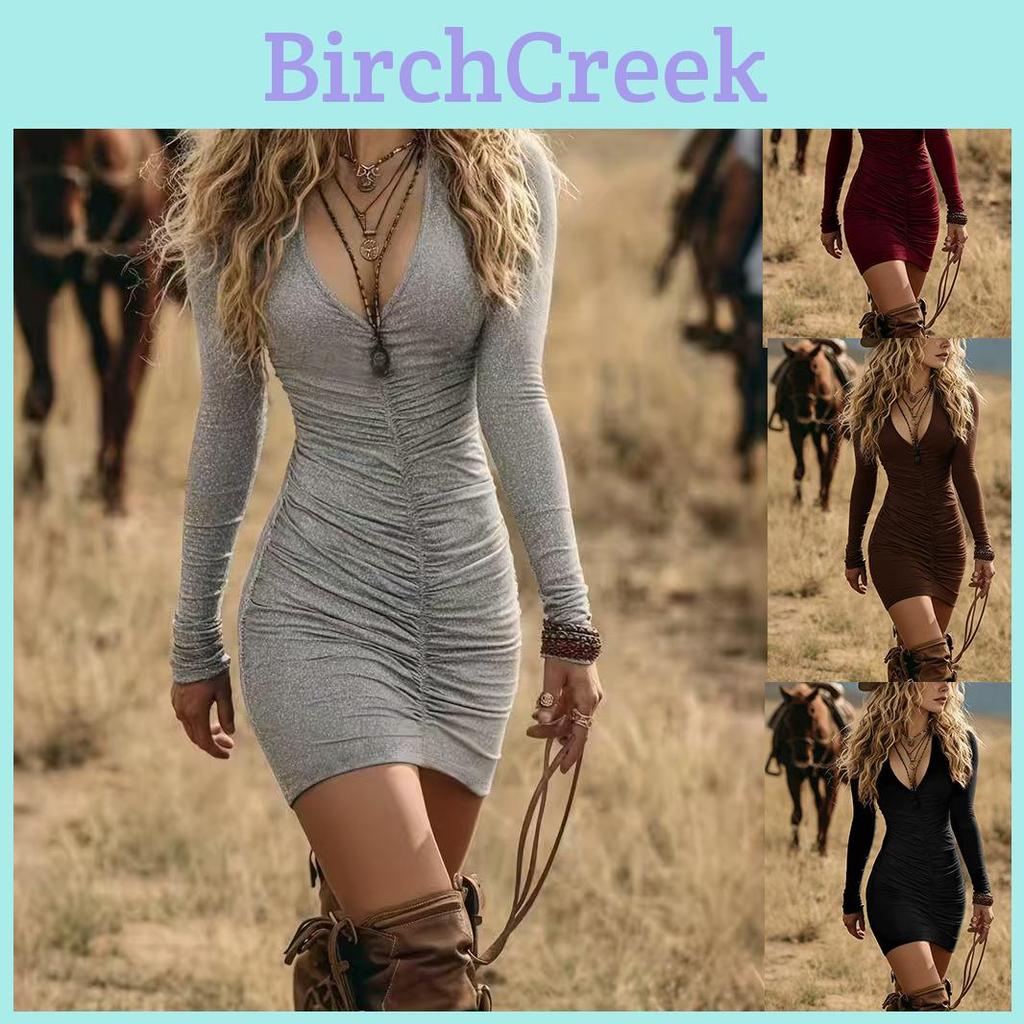 Elegant Bodycon Dress With V Neck Long Sleeves For Casual Winter Wear
