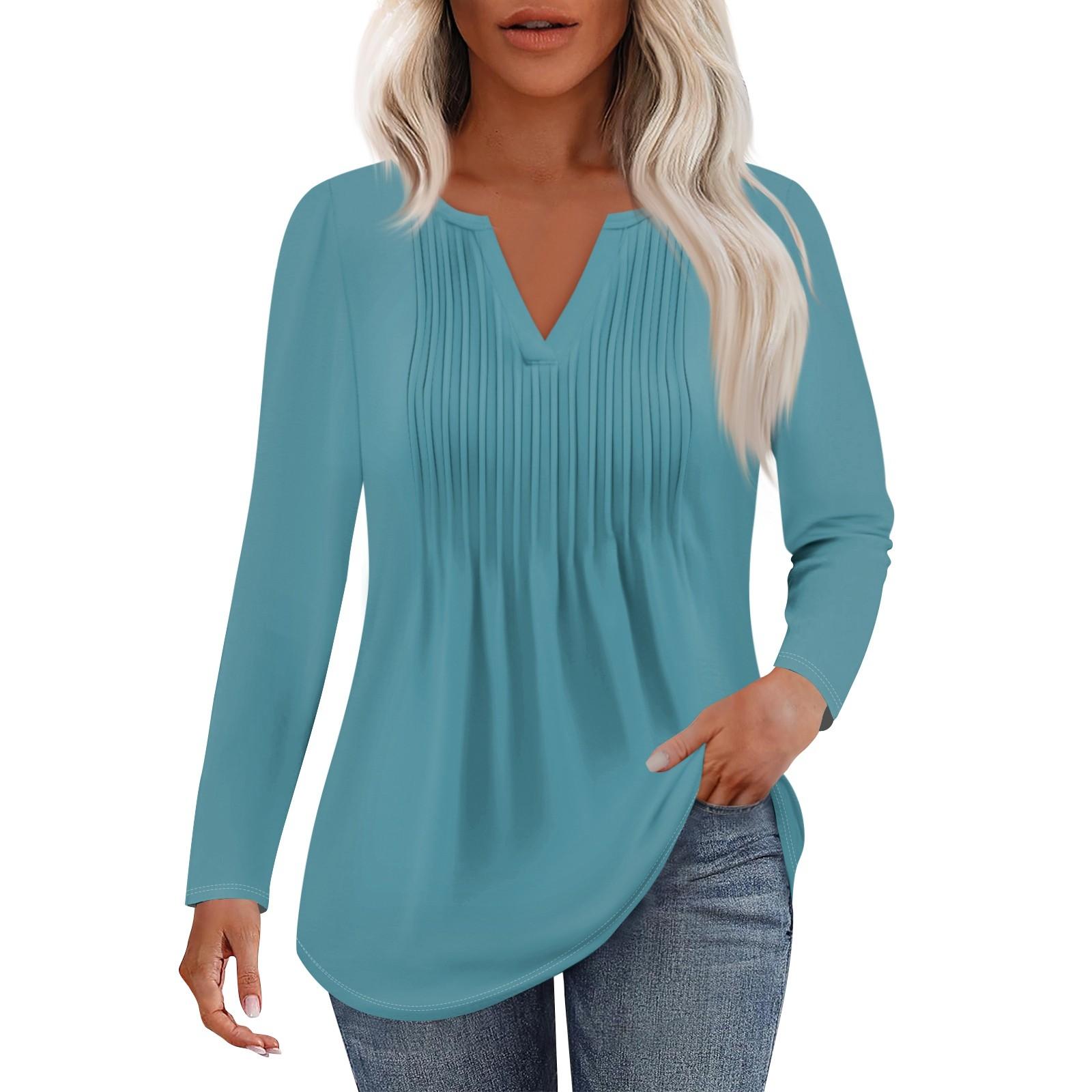 

Женская Мода Повседневная Плиссированная Футболка с V-образным Вырезом Однотонная с Длинным Рукавом Элегантные Топы XL