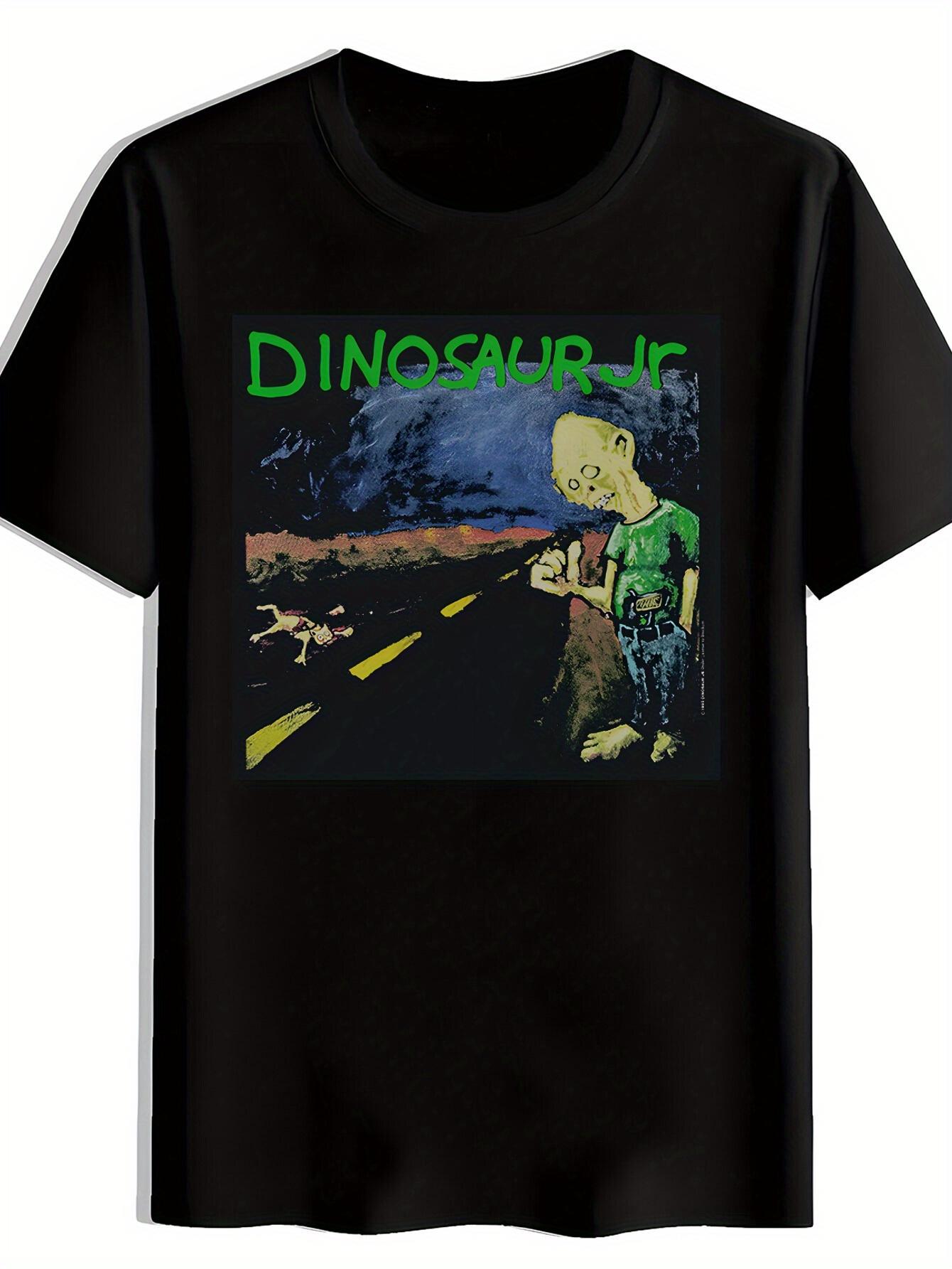 Dinosaur Jr. Retro Rock Band Graphic T-shirt - Black Casual Summer Tee with Vintage Dinosaur & Boy Design S