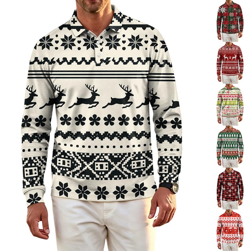Men's Golf Shirt Long Sleeve Casual Christmas Print Quick-Dry Mesh Top