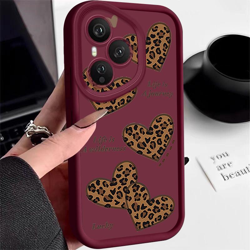 

Мягкий ТПУ Чехол для Телефона Для Honor 400 Pro 200 Pro X8c X9c Smart X6a X6b X6c Magic7 Lite Коричневый Леопардовый Принт Сердечко Напечатанная Задняя Крышка Honor 200