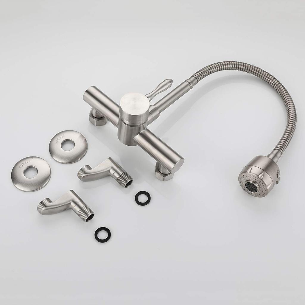 WAZZJ Kitchen Wall Faucet Brushed Nickel Wall Mounted Faucet 3" to 9" Adjustable Spread