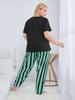 2024 Russian Women's Plus Size Pajamas Set: Watermark Top & Striped Long Pants