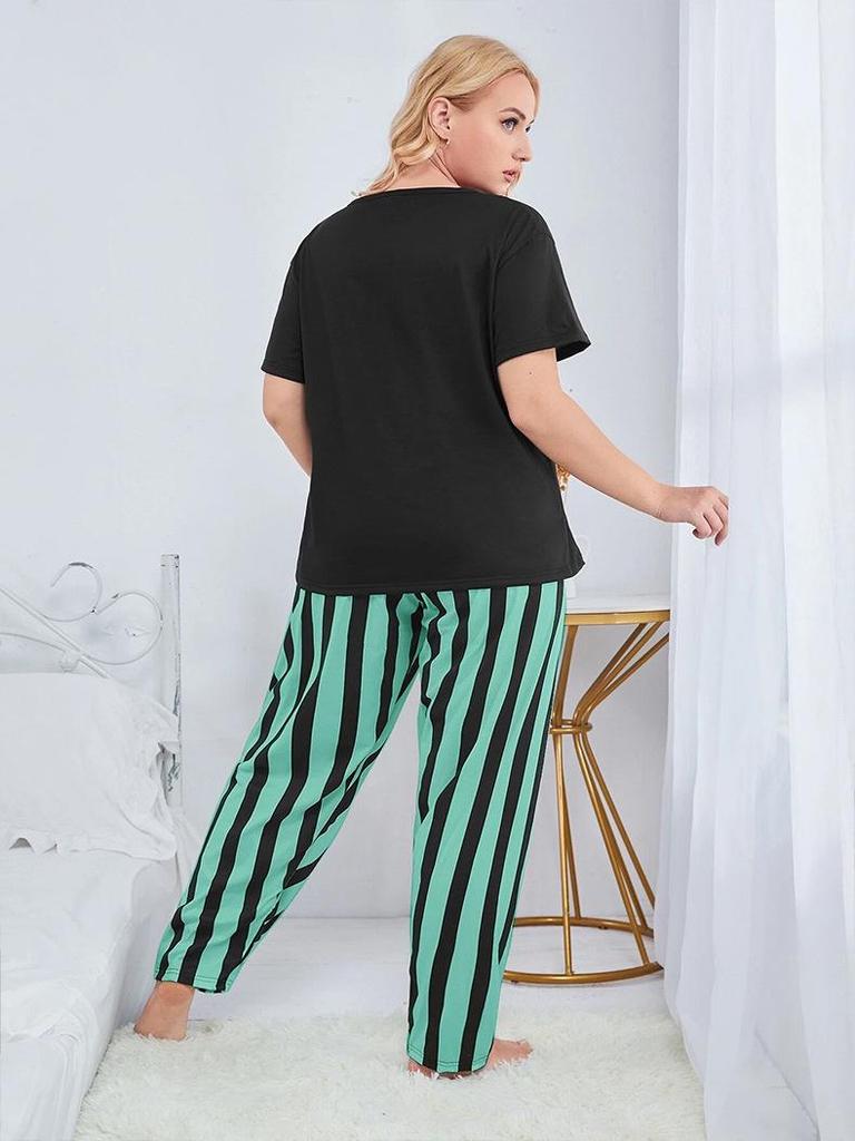 2024 Russian Women's Plus Size Pajamas Set: Watermark Top & Striped Long Pants