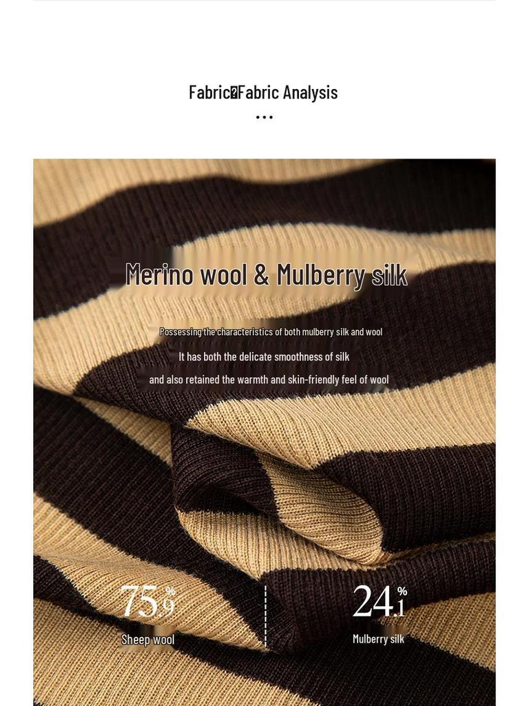 Color Block Striped V-Neck Slimming Knit Women's Cardigan, New Autumn Style, Merino Wool Silk Blend