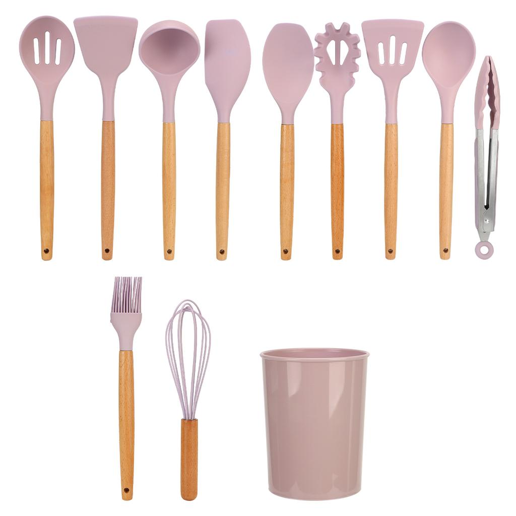 12Pcs/Set Cooking Utensil with Wooden Handle Silicone Cooking Tool for Home KitchenLight Green