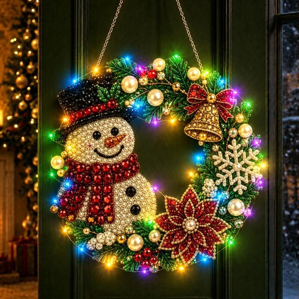 Diamond Sticking Diamond Art Wreath With LED String Light Hanging Wreath Holiday Gift