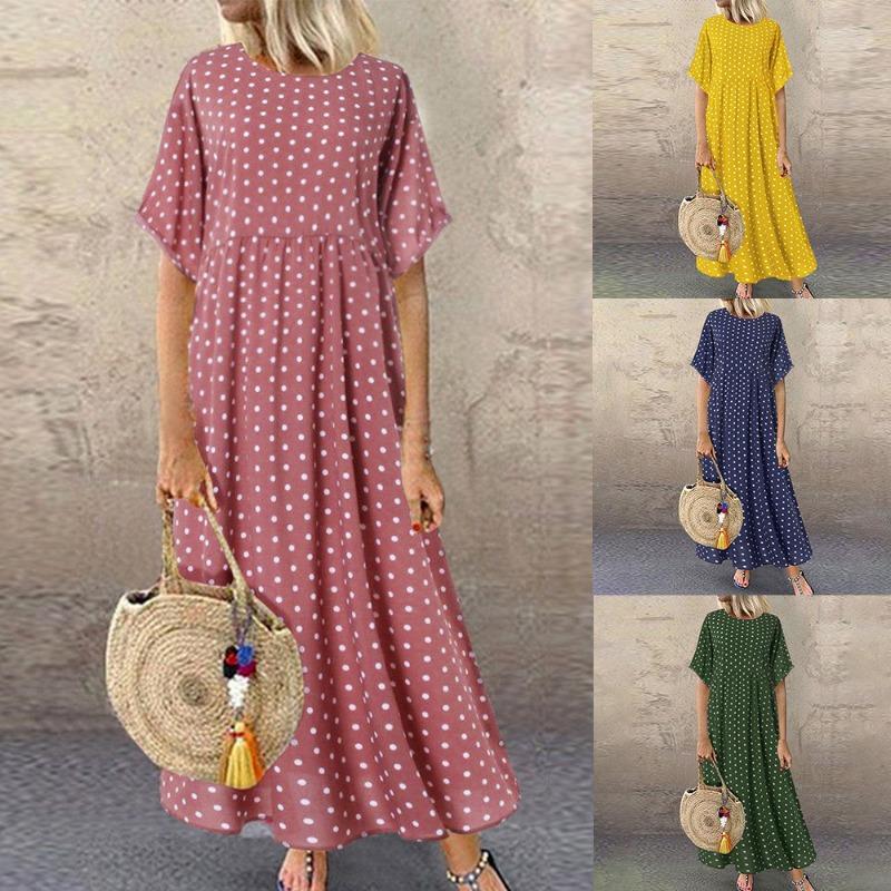 2025 Polka Dot Dress Summer New Round Neck Short Sleeved Large Swing Skirt Loose Slimming Long Skirt Women's Clothing
