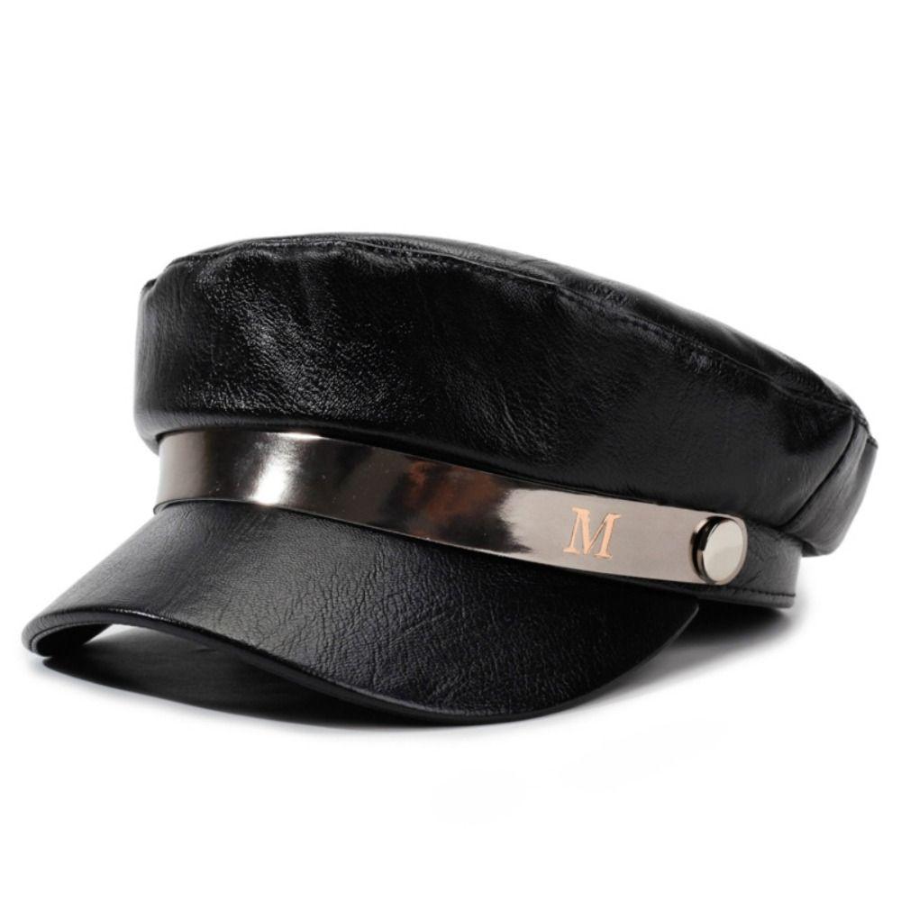 PU Leather Peaked Beret Hat M-Letter Metal Decor Flat Top Beret Hat  Autumn Winter Wear