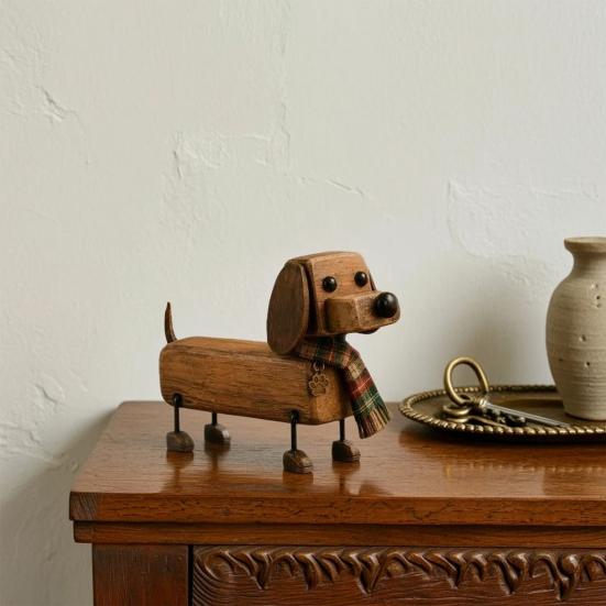 Dachshund Dog Statue Plaid Scarf Figurine, Retro with Paw Miniature Puppy Decoration Print Charm, Handcrafted Mini Desktop Office Accessories
