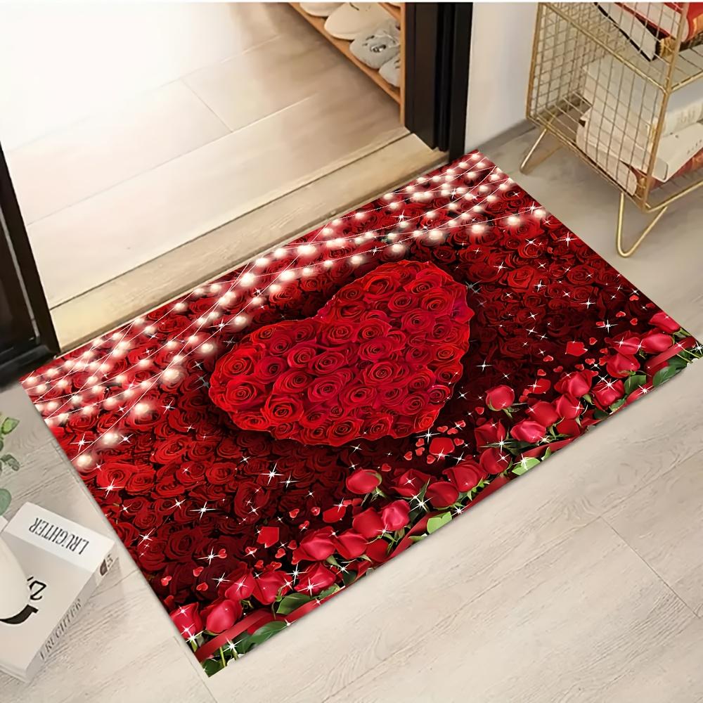 Red rose heart-shaped pattern Flannel-printed floor mats has a non-slip function is suitable entrances bathroom welcome carpets