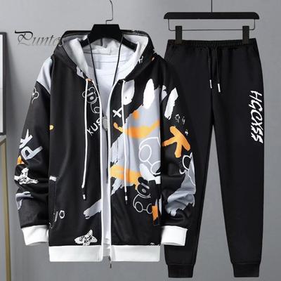 2 unids/set hombres abrigo pantalones traje con capucha estampado de letras cordón cierre de cremallera cintura elástica suelta Hip Hop tobillo-banda hombres ropa deportiva