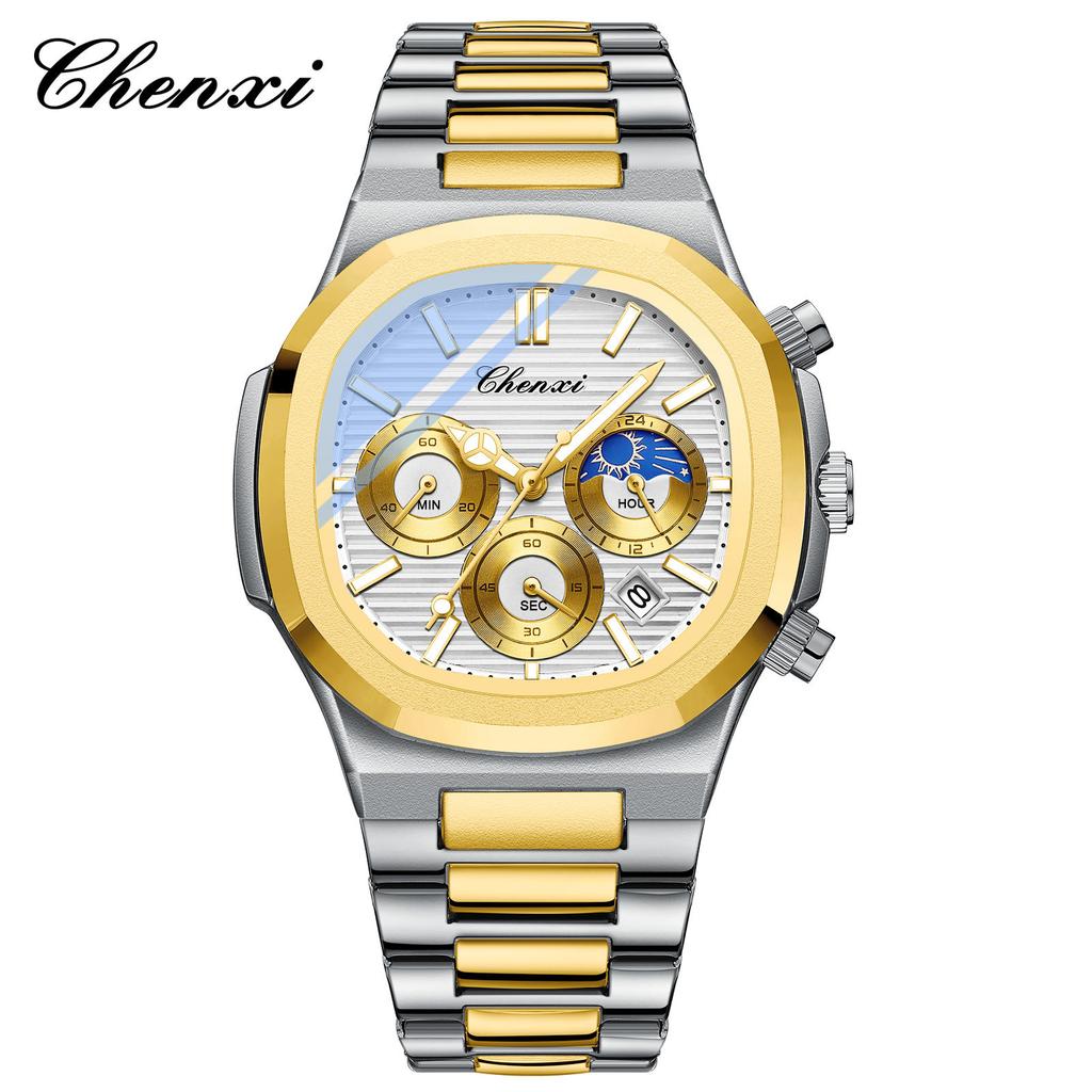 2025 Luxury Watch Men Business Fashion Waterproof Stainless Steel Chronograph Moon Phase Quartz Wristwatch Male Clock