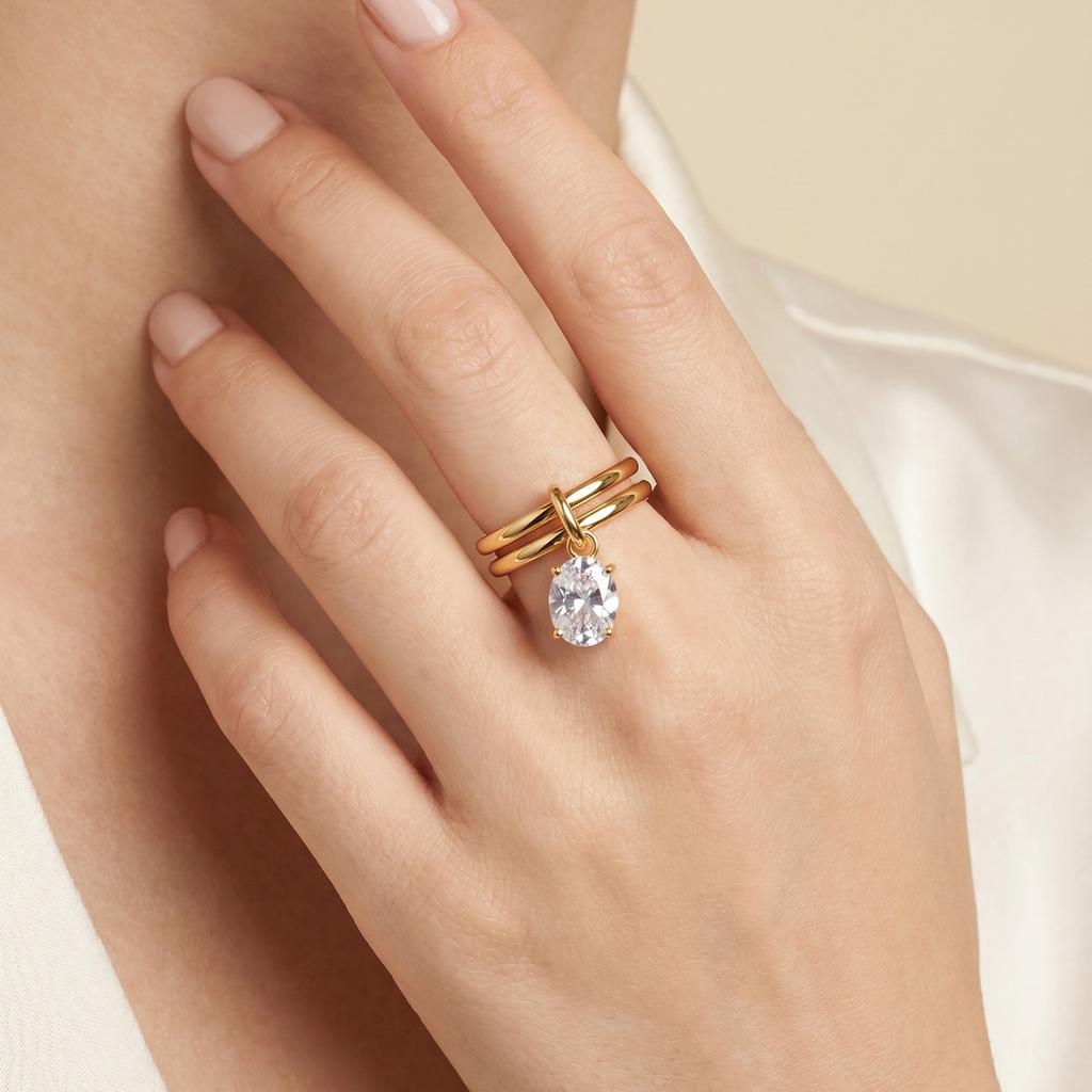 Women's Delicate Shiny Cubic Zirconia Ring, Double Layer High Quality Stainless Steel Ring, 18K Gold Plated Fashion Jewelry