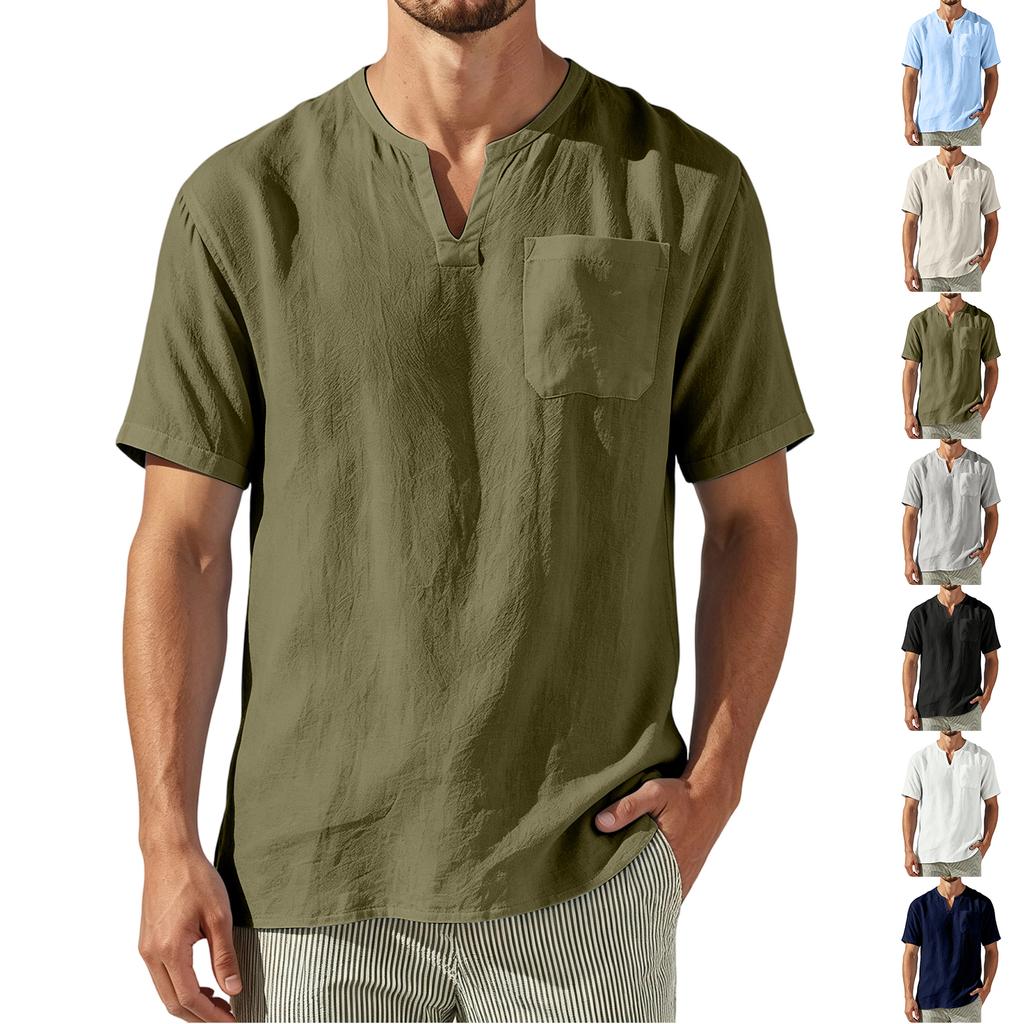 Men's Casual Linen Short Sleeve V-Neck Beach Shirt