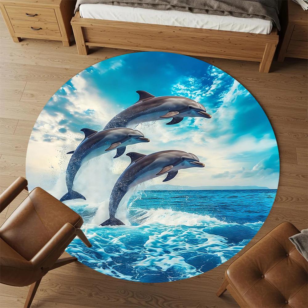 1pc Dolphins Ocean Round Chair mat Area Rug - Non-Slip, Floor Mat for Office, Bedroom, home decor Christmas Gift-1002342