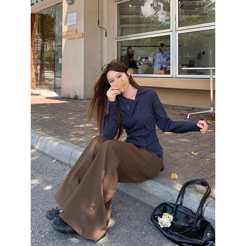 Kumikumi Elegant Outfit Oblique Lapel Gingham Long Sleeves Shirt Women's Autumn Easiest for Match Brown Loose Pants Two-piece Set