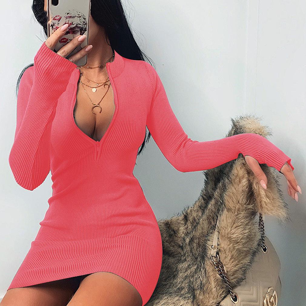 Women Autumn Winter Fashion Neckline Zipper Sexy Hip Wrap Dress