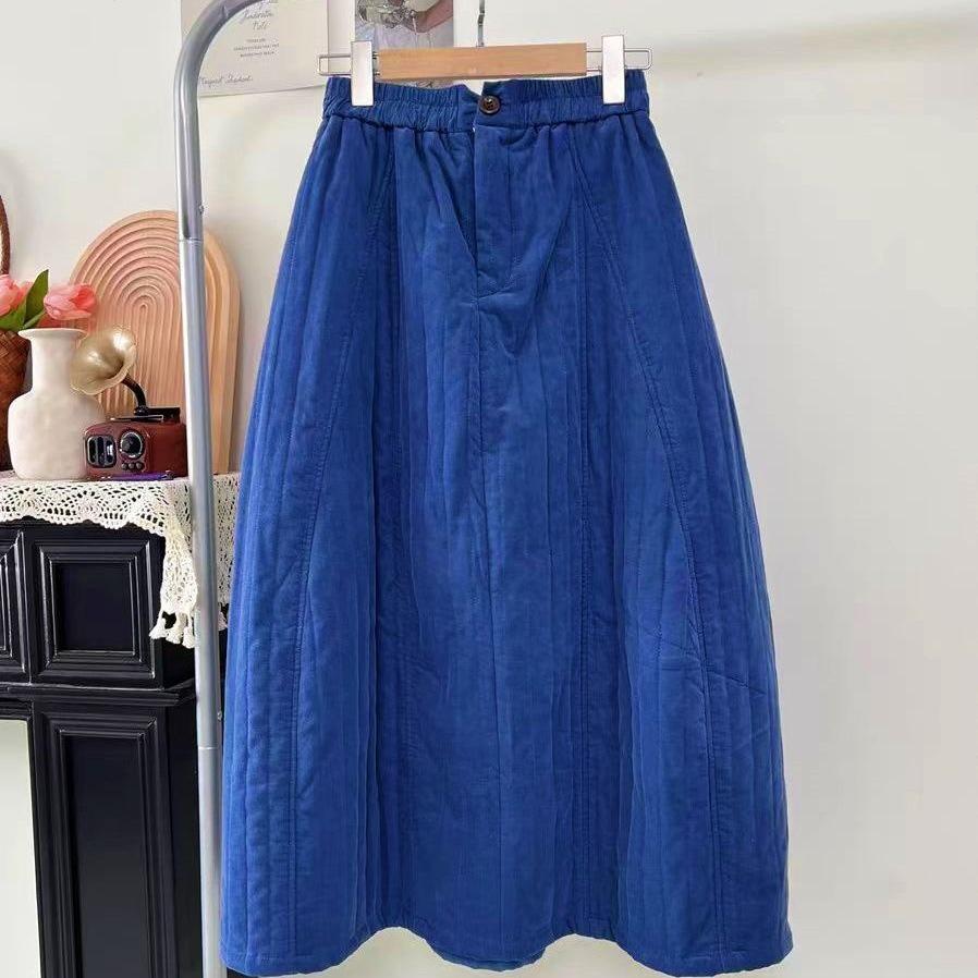Japanese-Style Quilted Midi Skirt: Retro, Loose, Bud-Shaped Design for Autumn and Winter