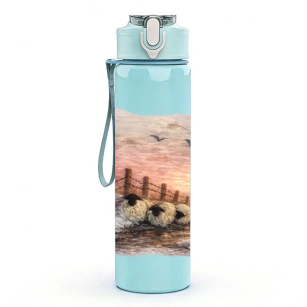 1PC Winter Tree Misty Lake Landscape Print 750ml Color Plastic Sports Water Bottle Leakproof Flip Straw Lid Suitable for Sports Office Home Use
