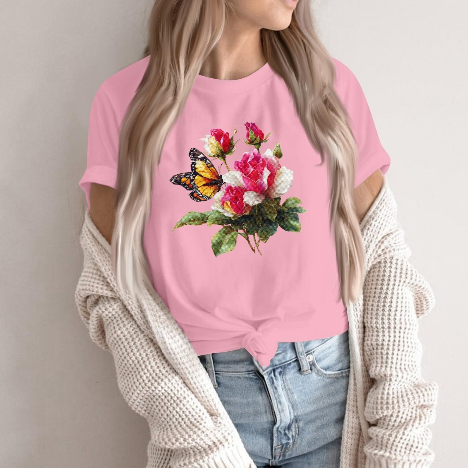 

Women s Fashion Casual Printed Round Neck Short Sleeved Pullover T-Shirt Top XL рожевий