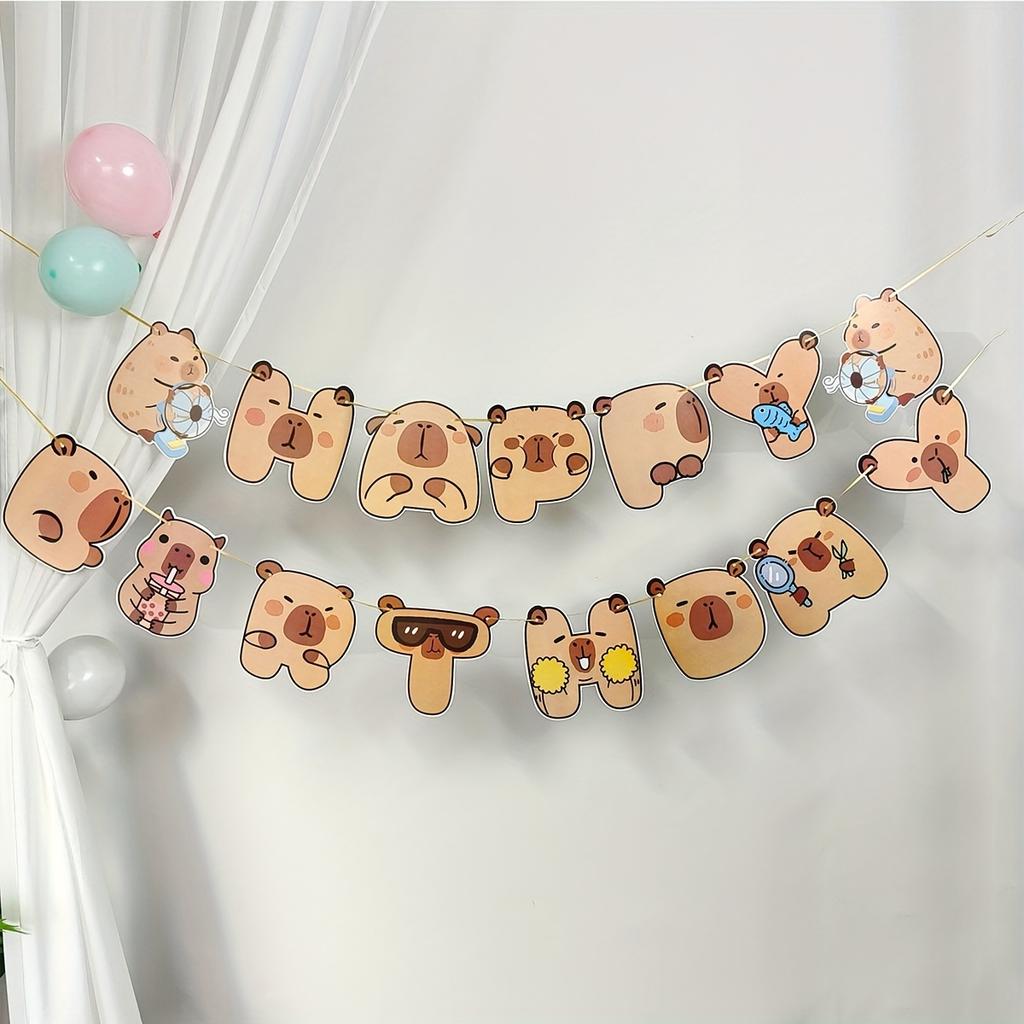 Cute Capybara Happy Birthday Banner, cartoon paper pull flag, ideal for kids' birthday, room & entrance decor.