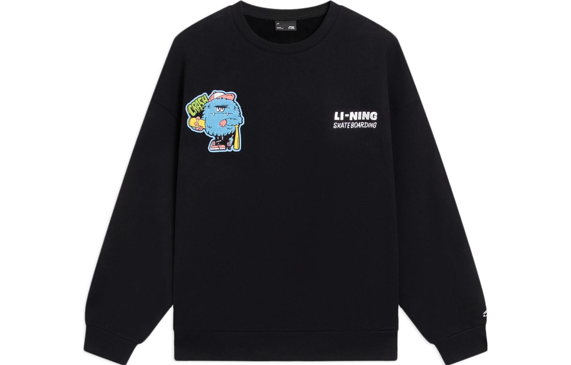 Li Ning SS23 Skateboard Collection Logo Embroidery Cartoon Print Crew Neck Fleece Lined Loose Fit Pullover Sweatshirt AWDRH99-3 L