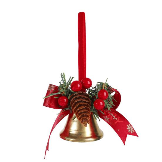 Holiday Home Decorations Christmas Bow Ornaments with Gold Jingle Bells, Xmas Tree Hanging Wreath Retail Window Displays Pine Cones, Red Berries