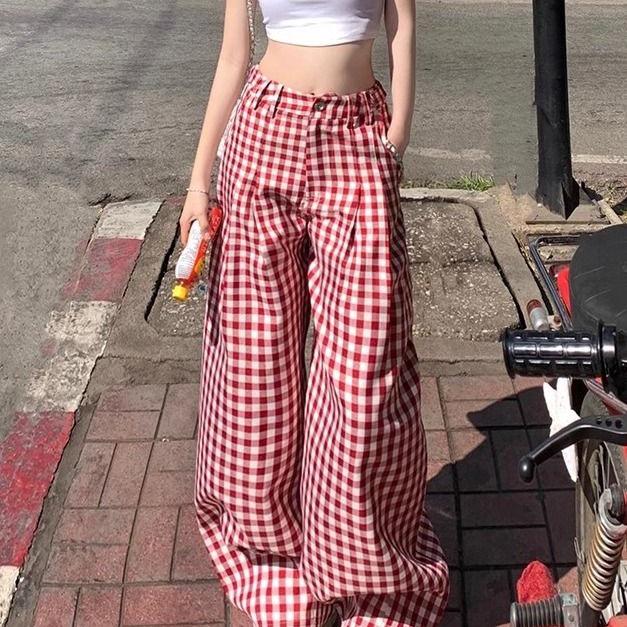 Spring Retro Wide-Leg High-Waist Plaid Pants - Women's Casual Red Floor-Length Style