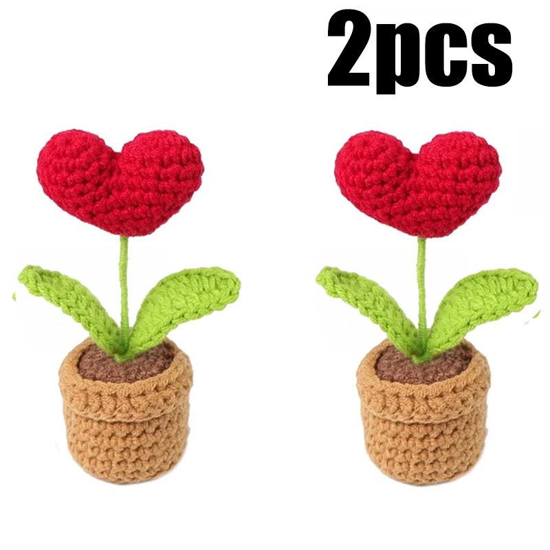 1-5pc Handmade Knitted Flower Pot Red Heart-Shaped Knit Imitation Potted Creative Gift Ornament Desktop Home Decor Xmas Gift