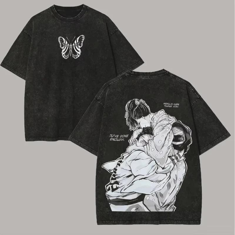 Demon Slayer Akaza Oboustranný Grafický Potisk Vintage Vypraná Nadměrná Anime Streetwear Tričko