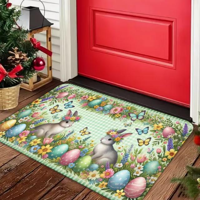 Flannel Spring Easter Bunny Easter Egg Flower Theme Print Door Mat Anti Slip Mat Carpet Spring Comfortable Floor Mat Decoration