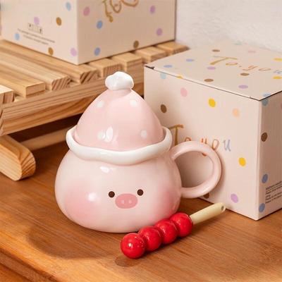Cute Pink Pig Ceramic Cartoon Mug with Lid