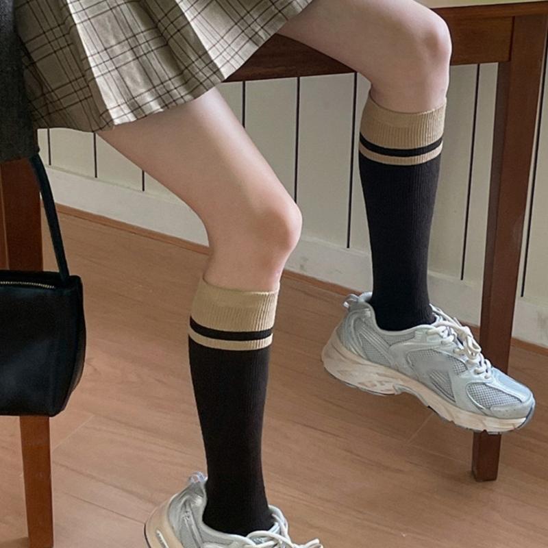 Women's Cotton Boot Socks Knee High Socks JK Preppy Calf Socks Simple Color Block Striped Knee High Stockings Gifts