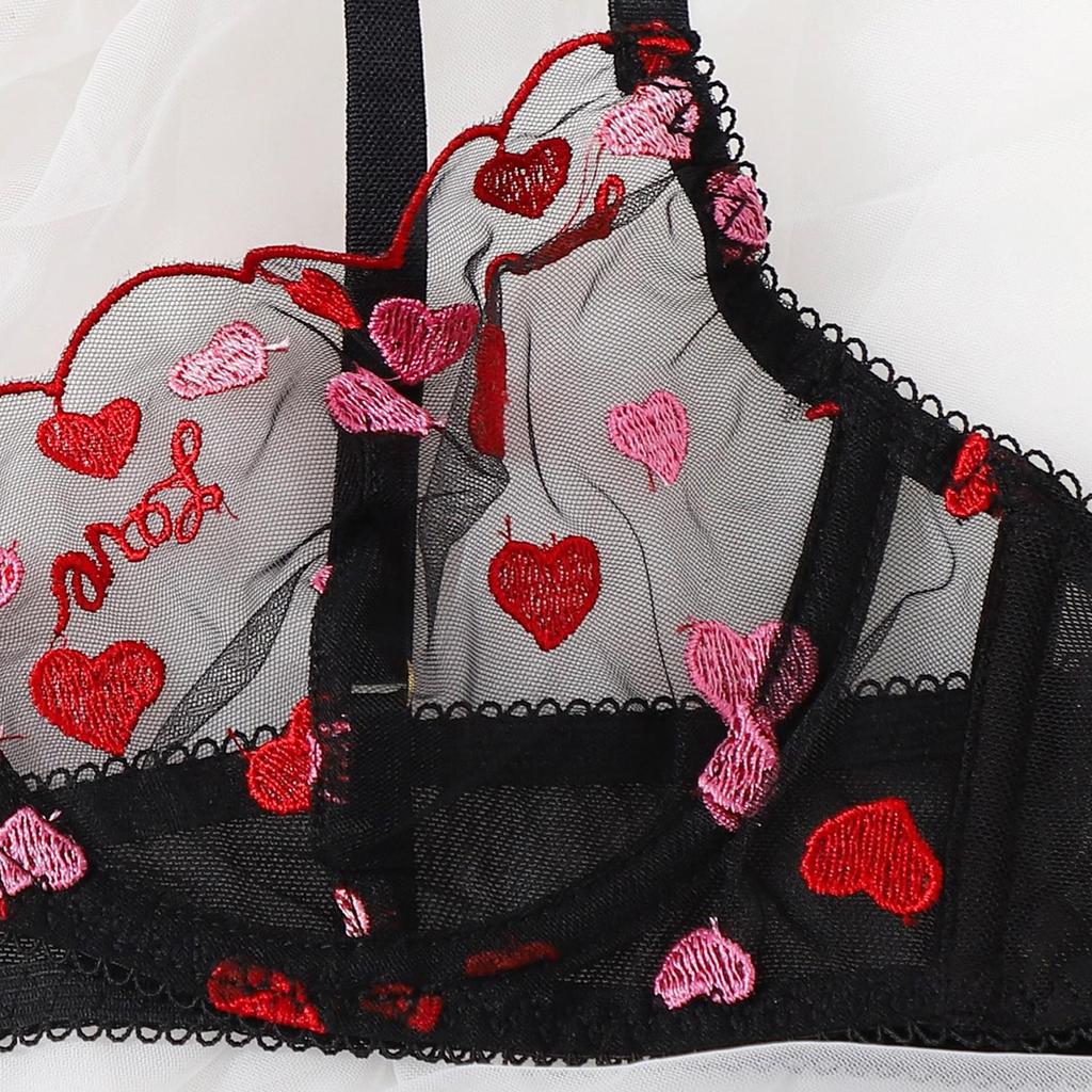 European & American Style Heart Embroidered Sheer Black Mesh Lingerie Set