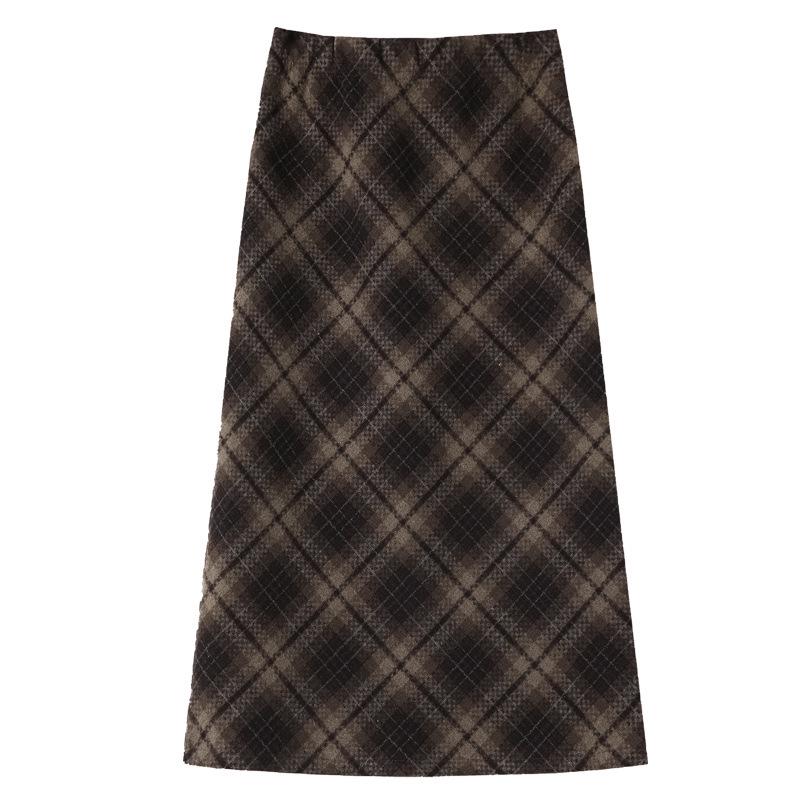 Women's Slimming High Waist Plaid Wool Midi Skirt - Retro Autumn/Winter A-Line Style