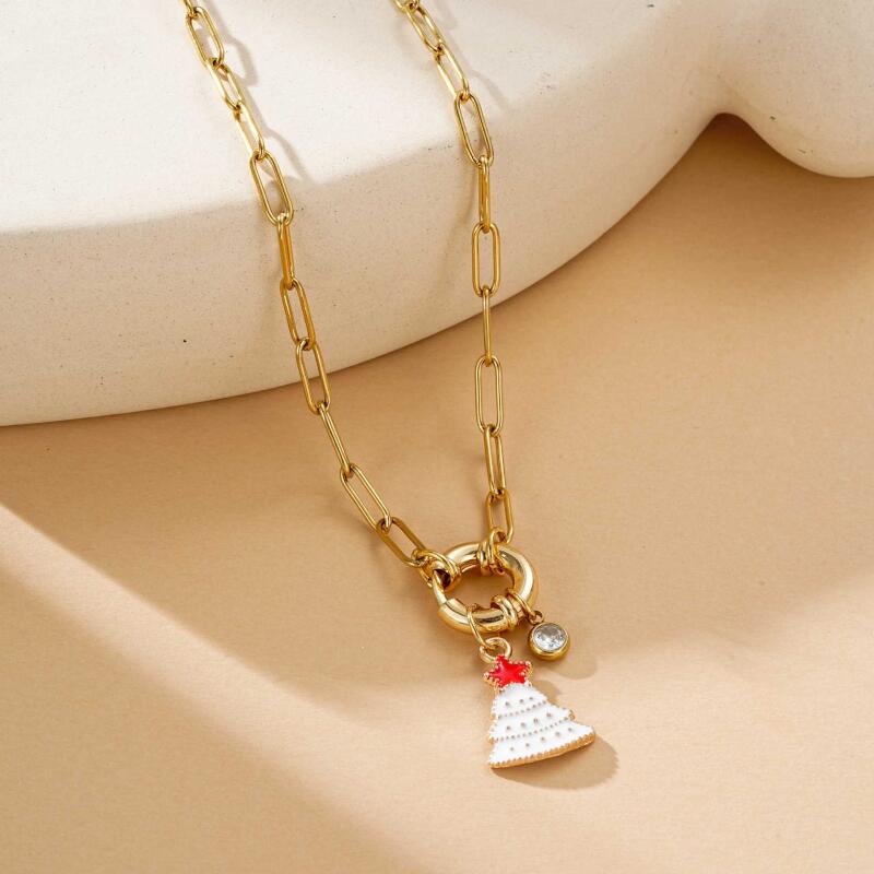 Christmas Stainless Steel Necklace Set - Santa Reindeer Snowman Pendants Lobster Clasp Adjustable Festive Jewelry Gift