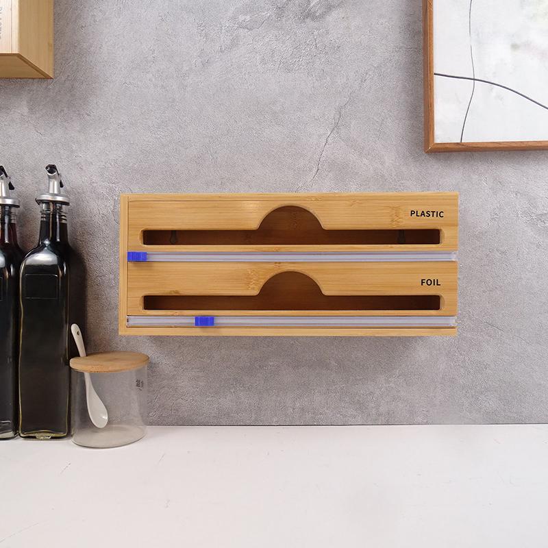 Bamboo Kitchen Drawer Organizer Aluminum Foil Plastic Wrap Dispenser With Slide Cutter Ziplock Bag Food Storage Organizer