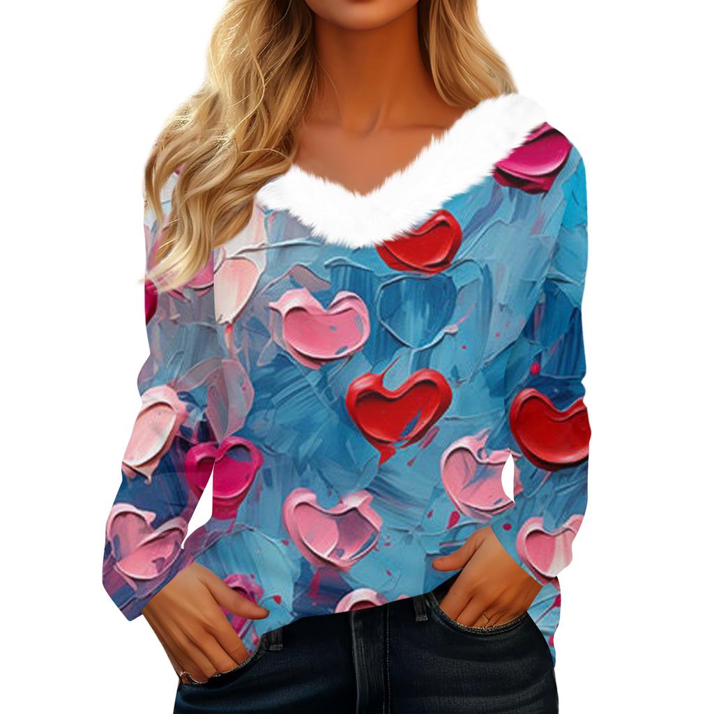Women's Valentine's Day Printed Long-Sleeved Shirt, V-Neck, Casual Loose-Fitting T-Shirt Top