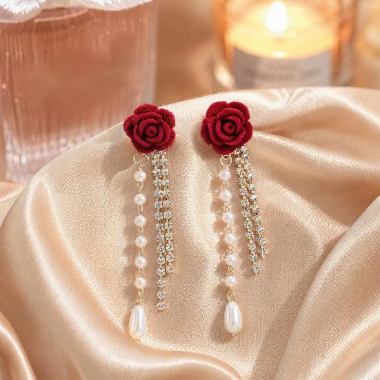 1 Paar Roos Kwastje Hangende Oorbellen voor Vrouwen, Kunstparel Strass Franje Stud Oorbellen, Hypoallergeen Lichtgewicht Drop Oorbellen