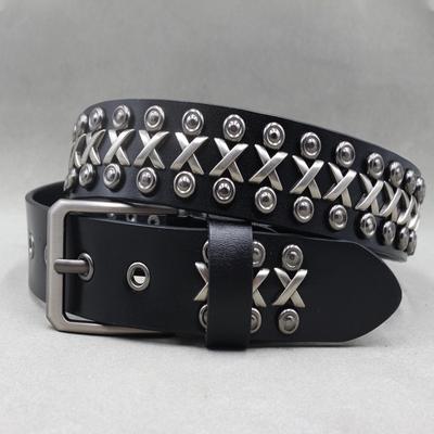 Y2K Belt Shiny Rivet Design Leather Belt Faux Pure Cowhede Belt Punk Rock Unisex Jeans Cross X Neatly Aligned Stereo Rivet Belt